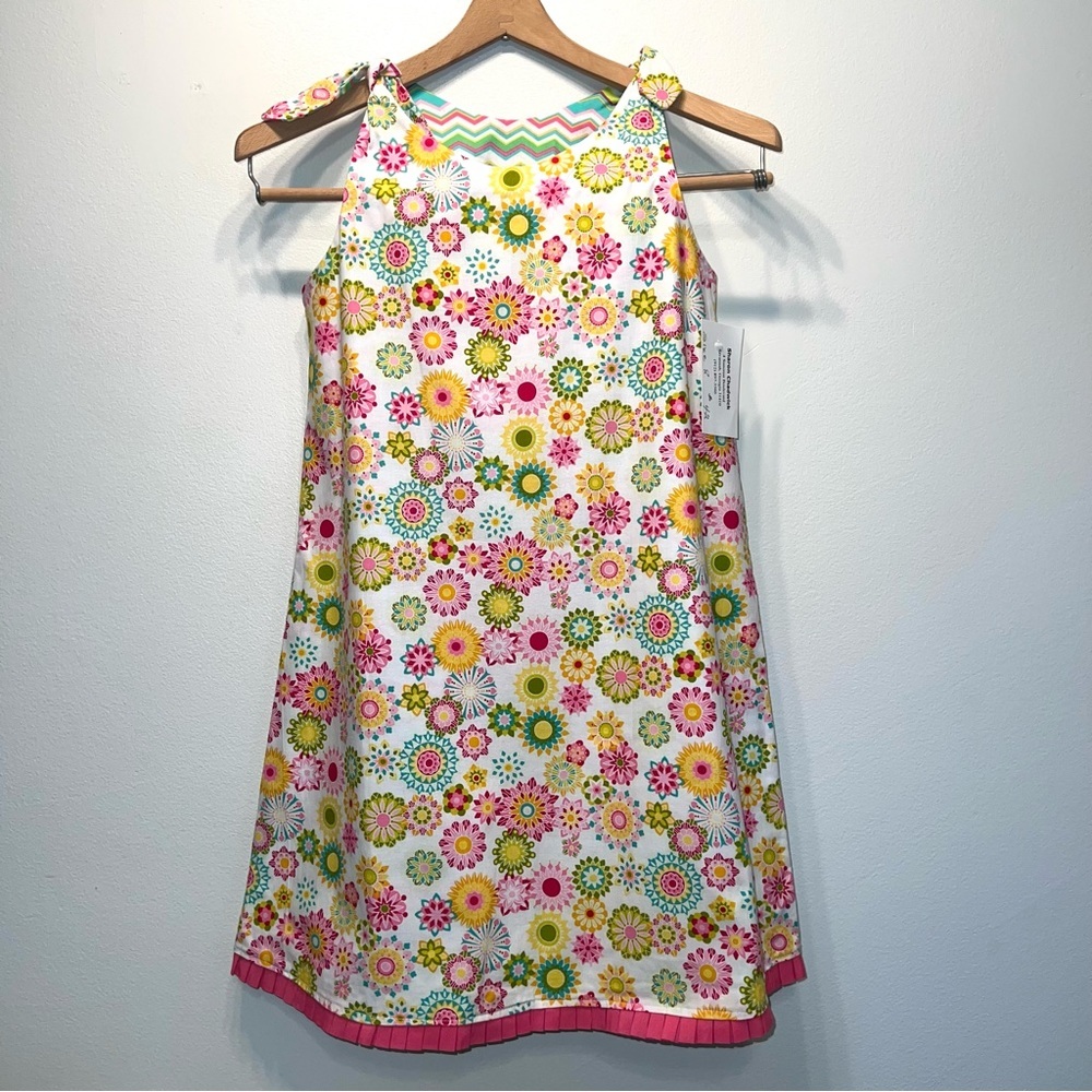 NEW Girl Handmade Floral & Stripe Cotton Reversible  Sundress Sz 8 Shoulder Ties